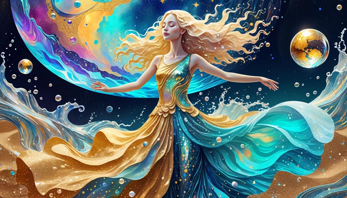 Aquarius Woman in Water Dress: Cosmic Illustration