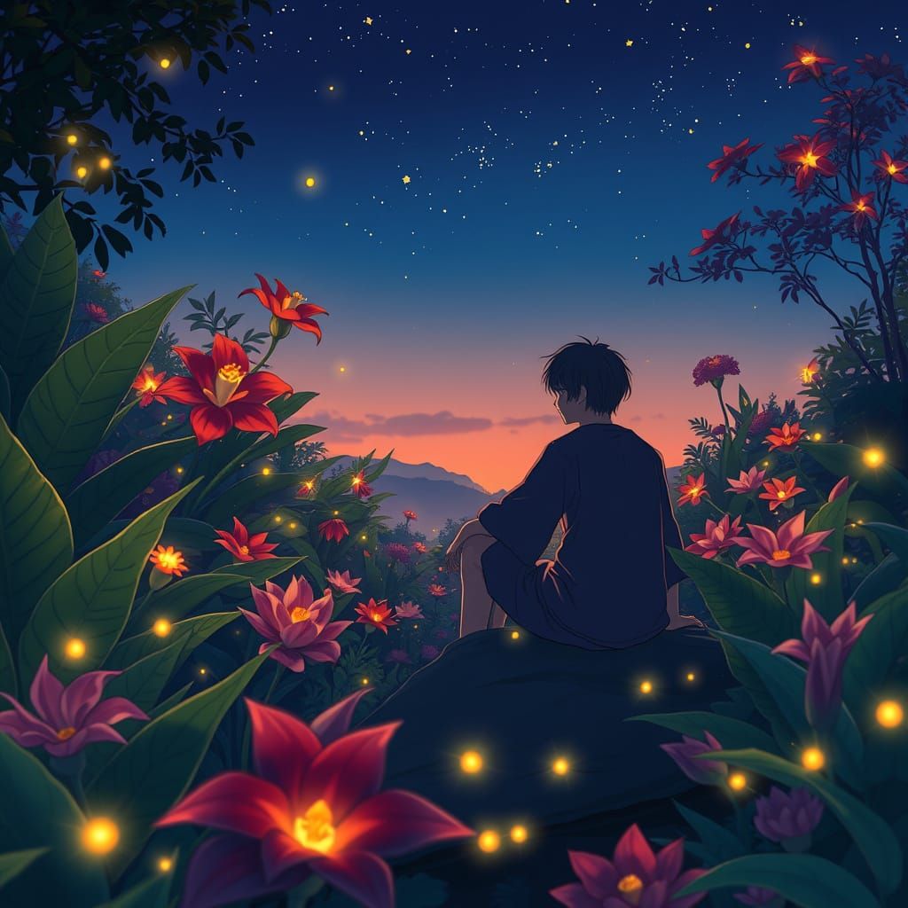 Tranquil Garden at Twilight with Fireflies, Anime Style