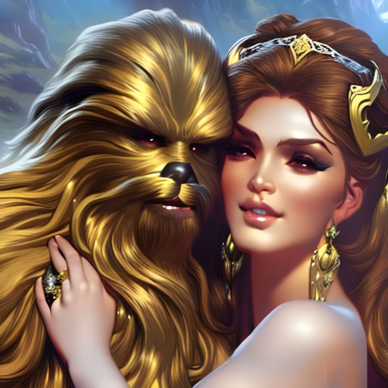 Chewbacca and Belle Hug in Rococo Sunset