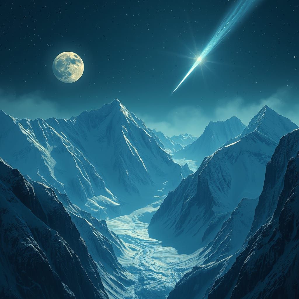 Ethereal Mountain Night Scene with Comet and New Moon