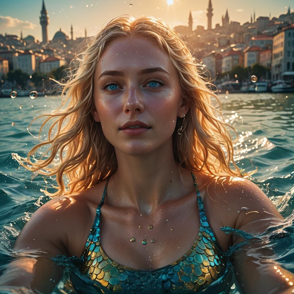 Girl Swimming in Bosphorus Strait, Digital Art