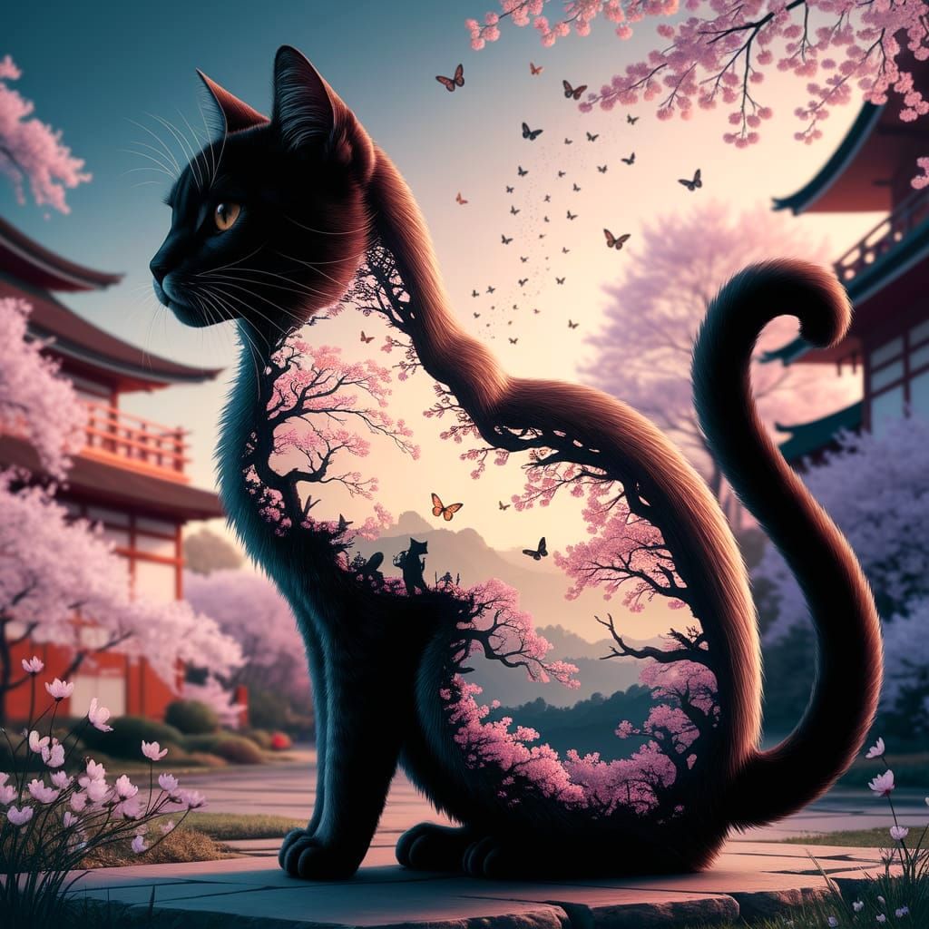 Cat Silhouette with Japanese Landscape Digital Art