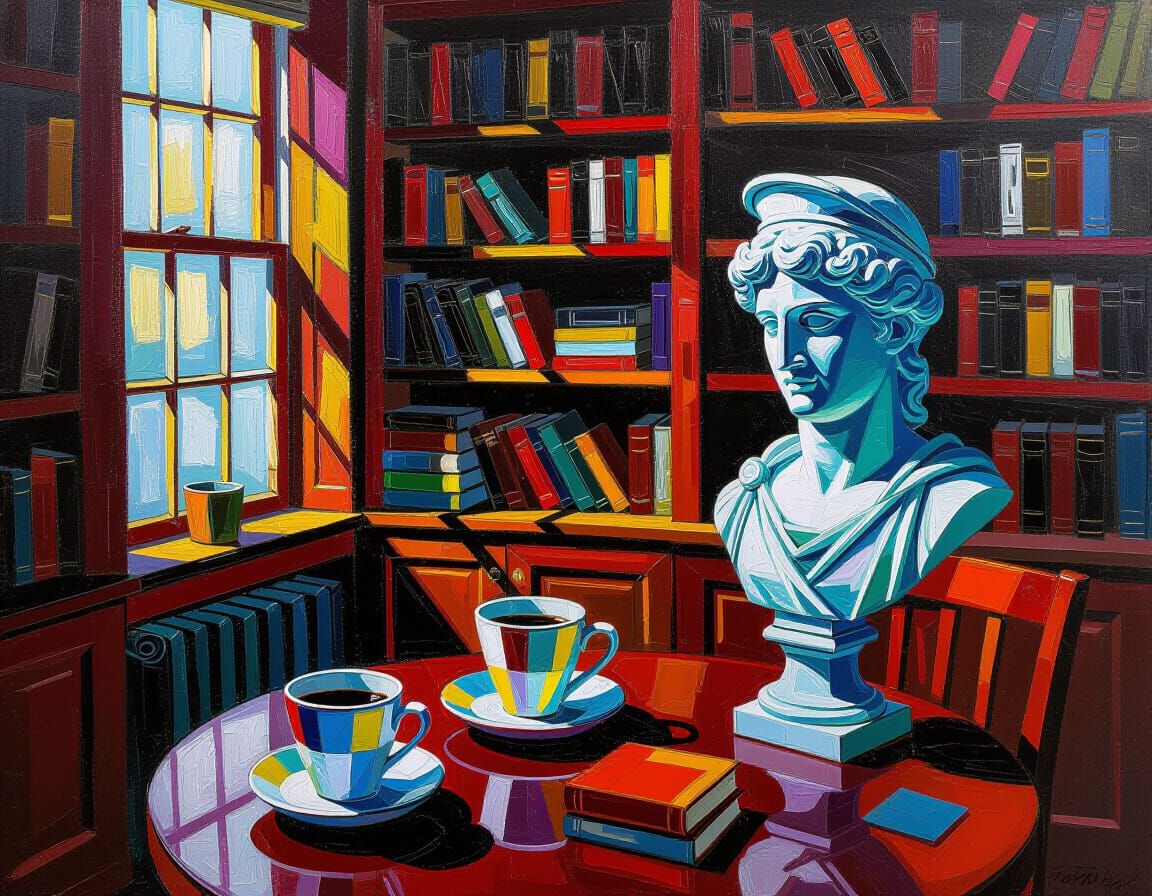 Abstract Expressionist Room with Apollo Head and Coffee