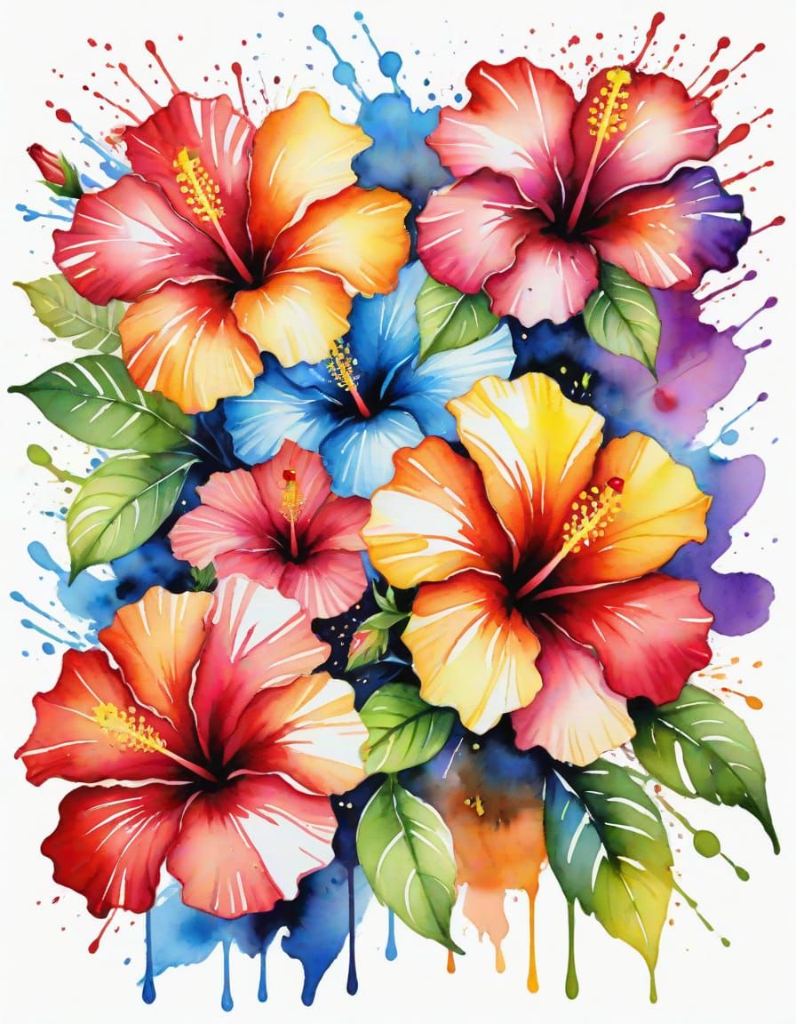 Watercolor Hibiscus Flowers in Splash Art Style
