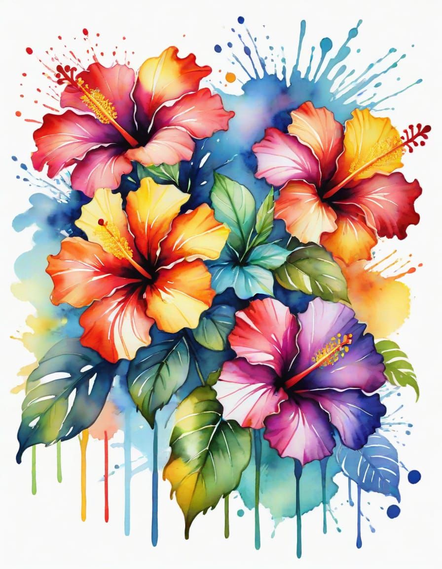 Watercolor Splash Art: Multicolored Hibiscus Flowers
