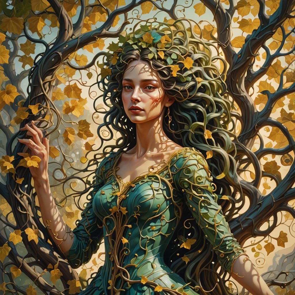 Surreal Long-Armed Woman Embracing Tree, Oil Painting