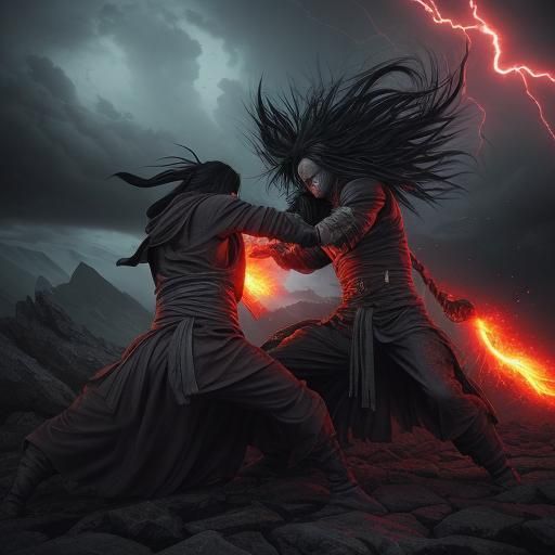 Intense Ninja Battle in Dark Fantasy Landscape
