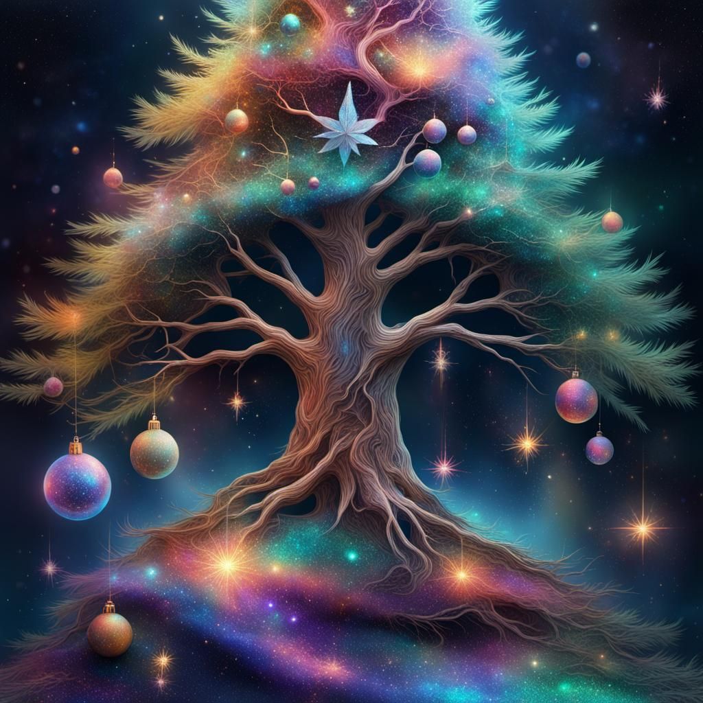 Cosmic Christmas Tree: Holographic Astral Illustration