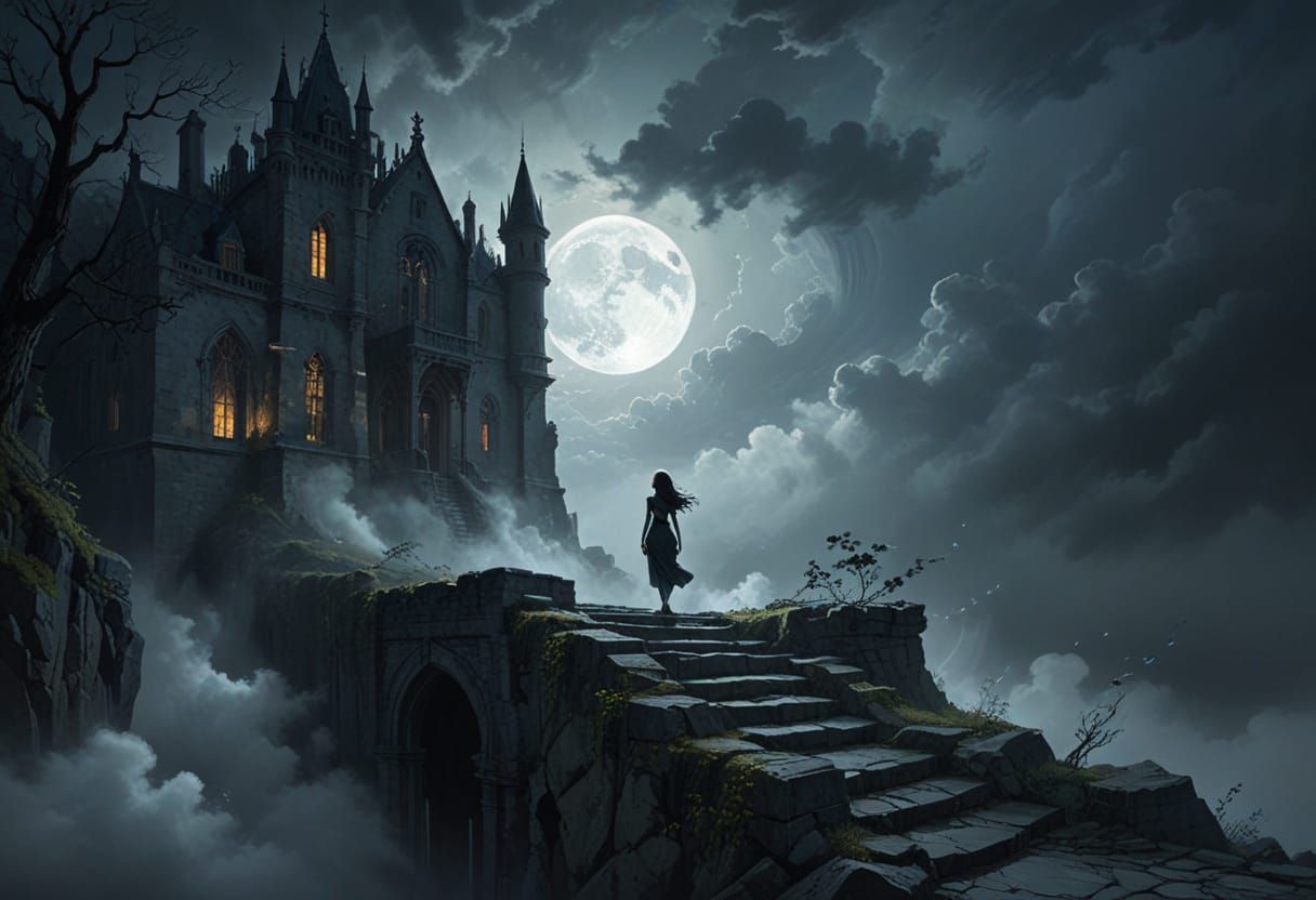 Gothic Manor Solitude: Ethereal Woman in Stormy Moonlight
