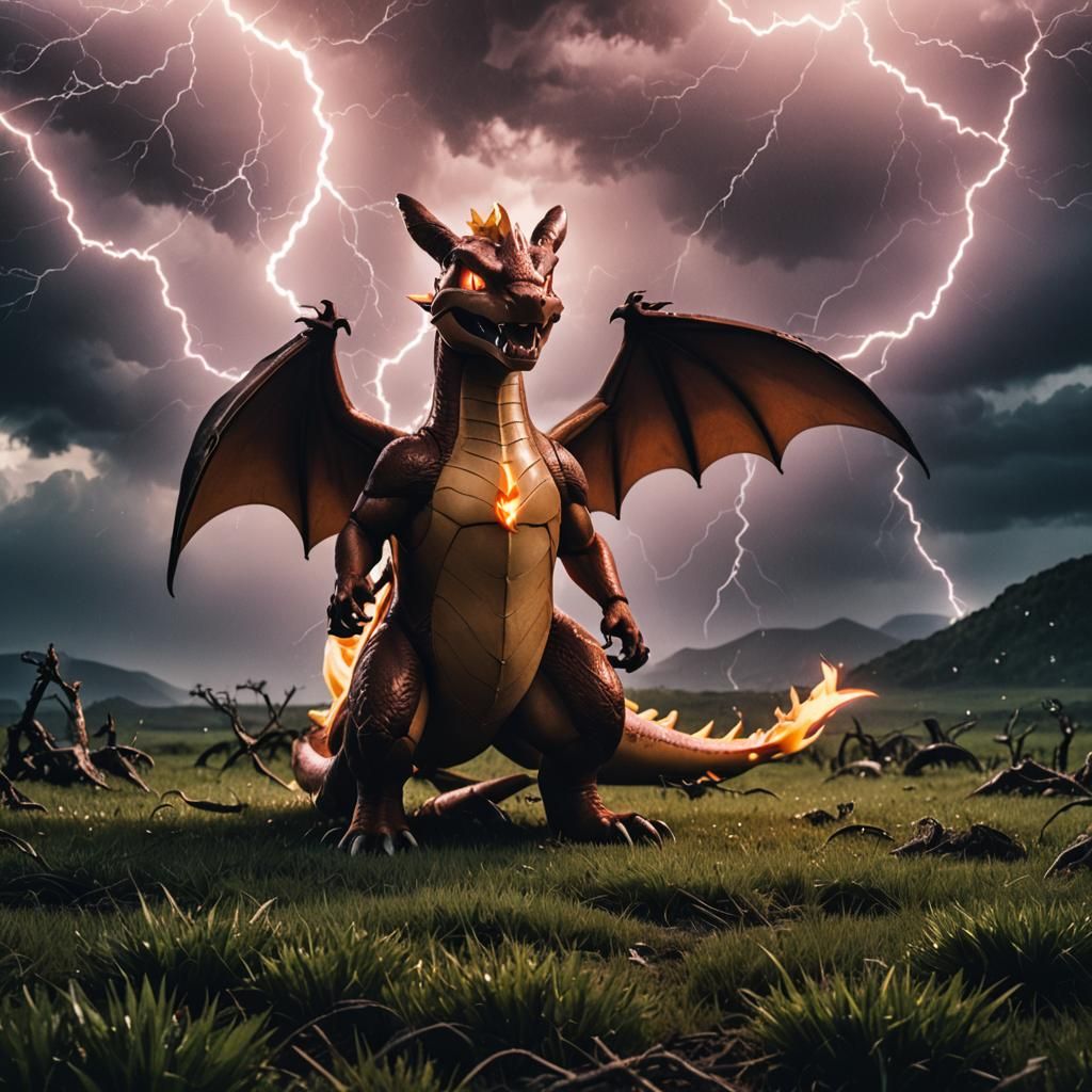 Charizard in Lightning Field: Cinematic Film Still