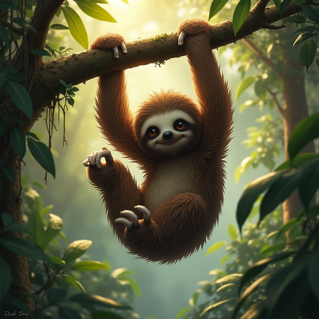 Photorealistic Sloth Hanging in Jungle Tree