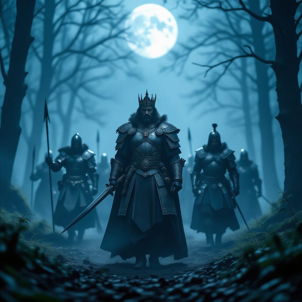 King and Warriors Emerge from Foggy Woods