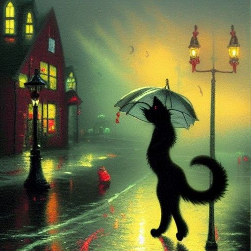 Black Cat Dancing in Rain, Kinkade-Inspired Horror