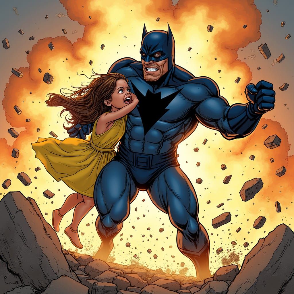Superhero Saves Girl From Explosion: Comic Book Style