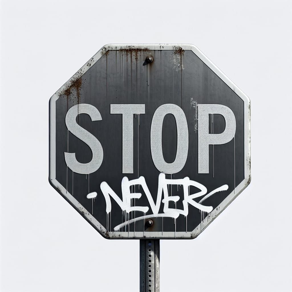 Ultra Realistic Stop Sign With 'Never Stop' Graffiti
