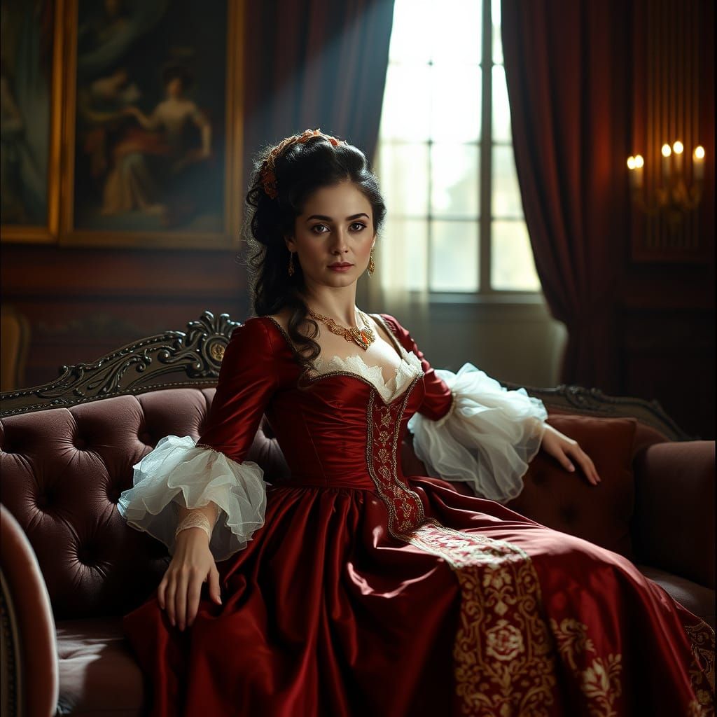 Woman in 18th Century Attire on Velvet Couch