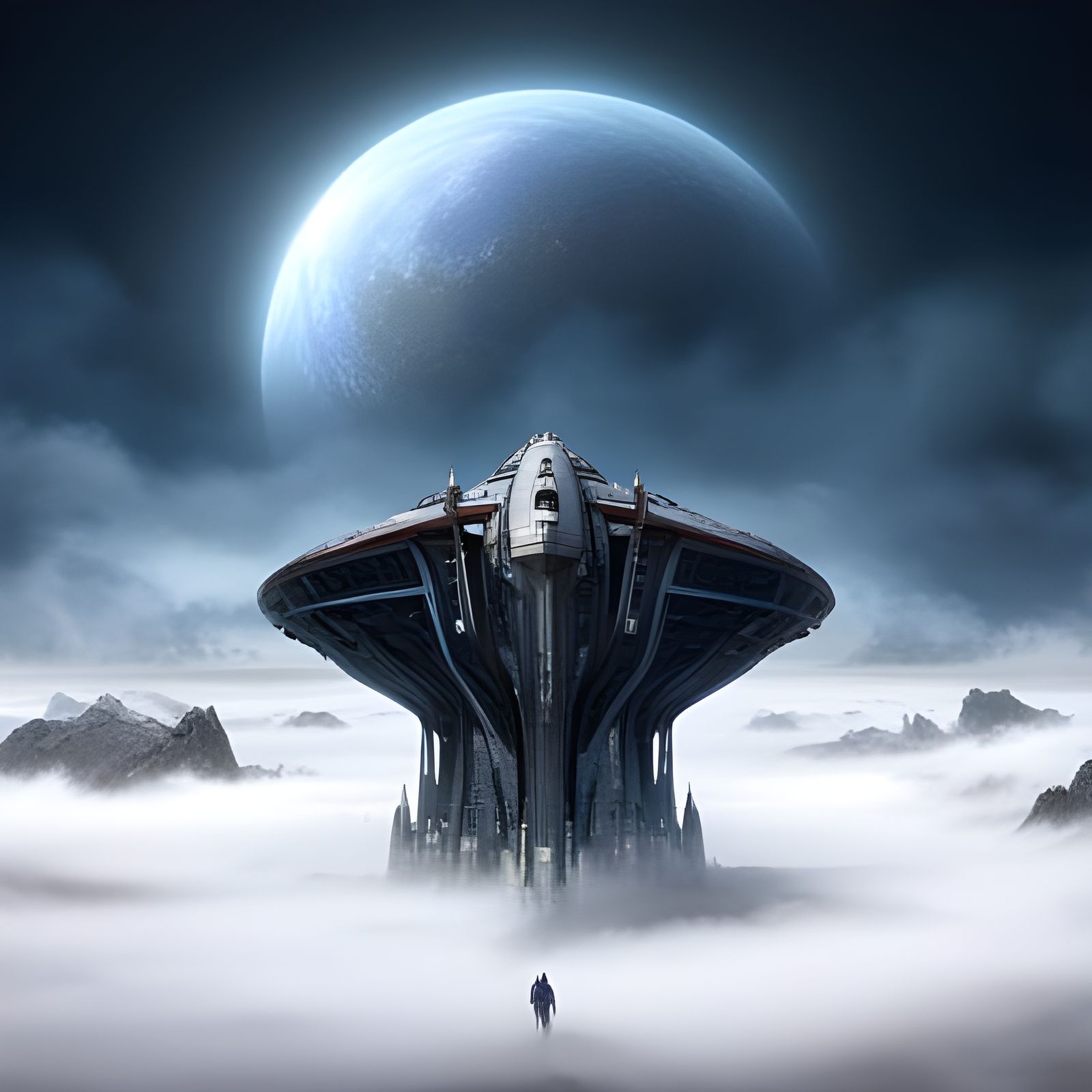 Steampunk Starship on Foggy Alien Moon: Digital Painting