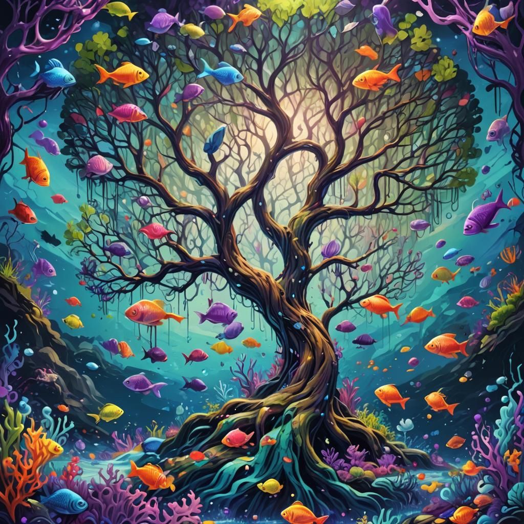 Ocean Tree Life with Mermaids in Graffiti Art