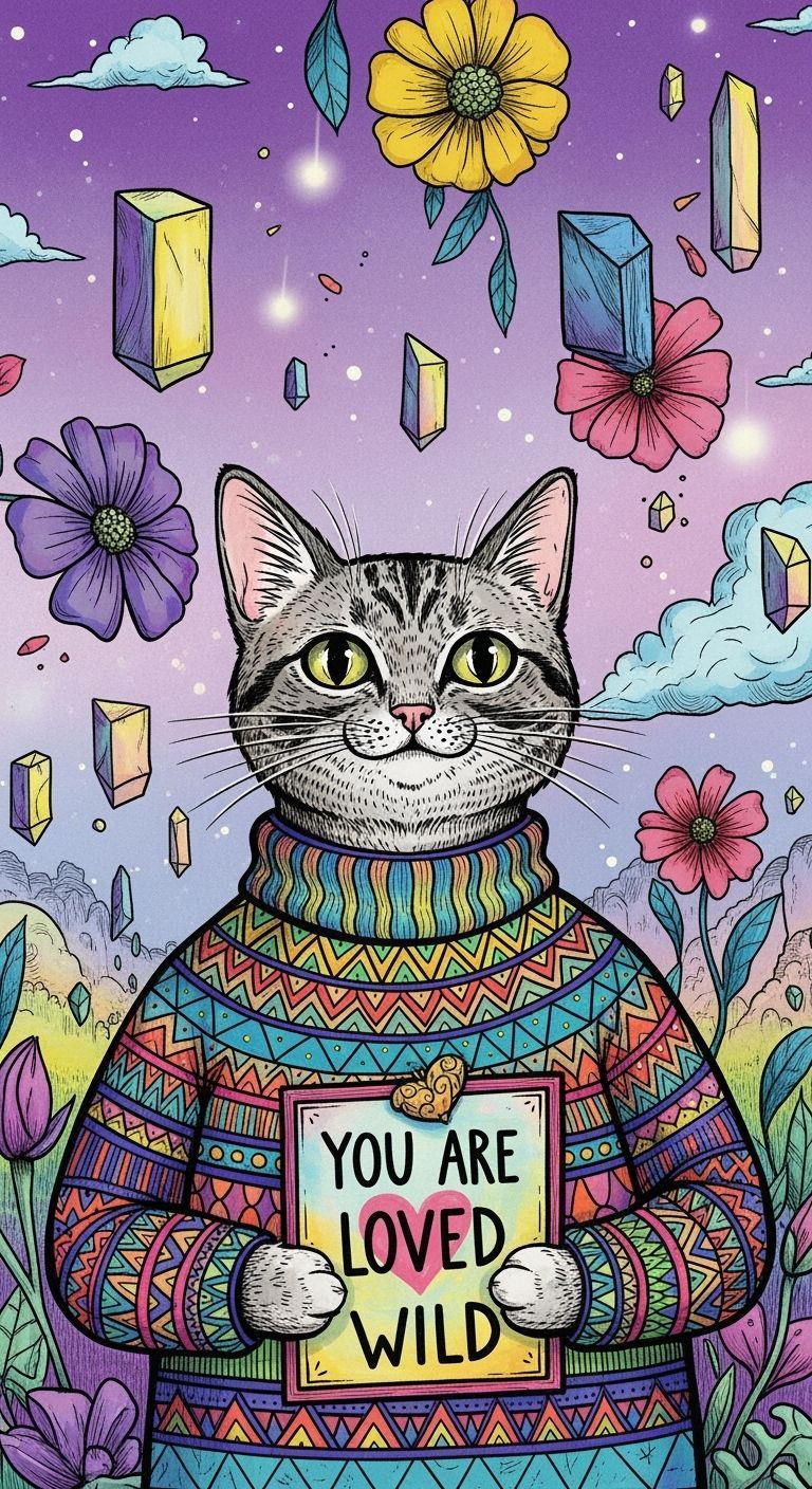 Whimsical Cat with Sign in Vibrant Style