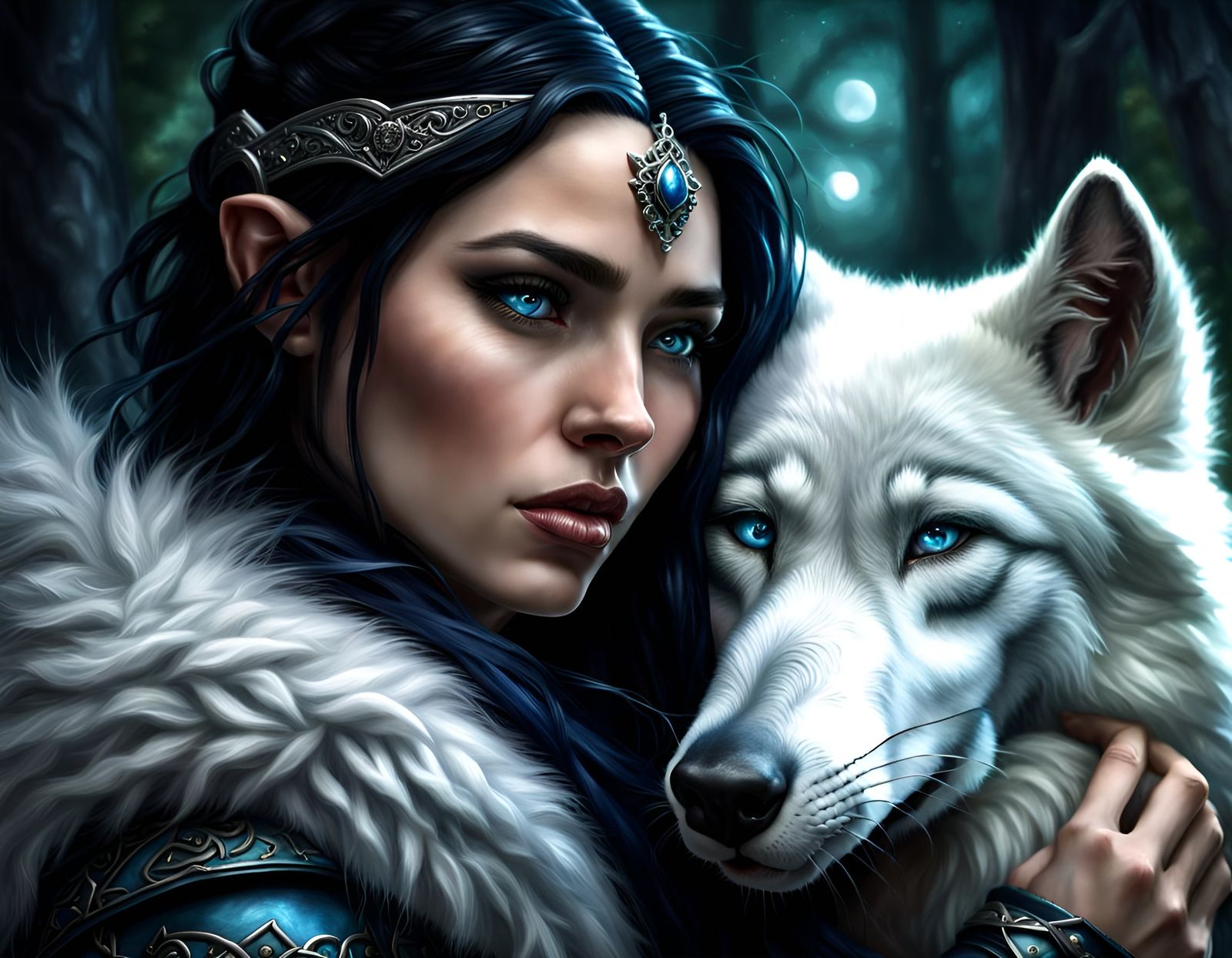 Elf Ranger Shainaria DeArean & Her White Wolf Comapanion, Fandis
