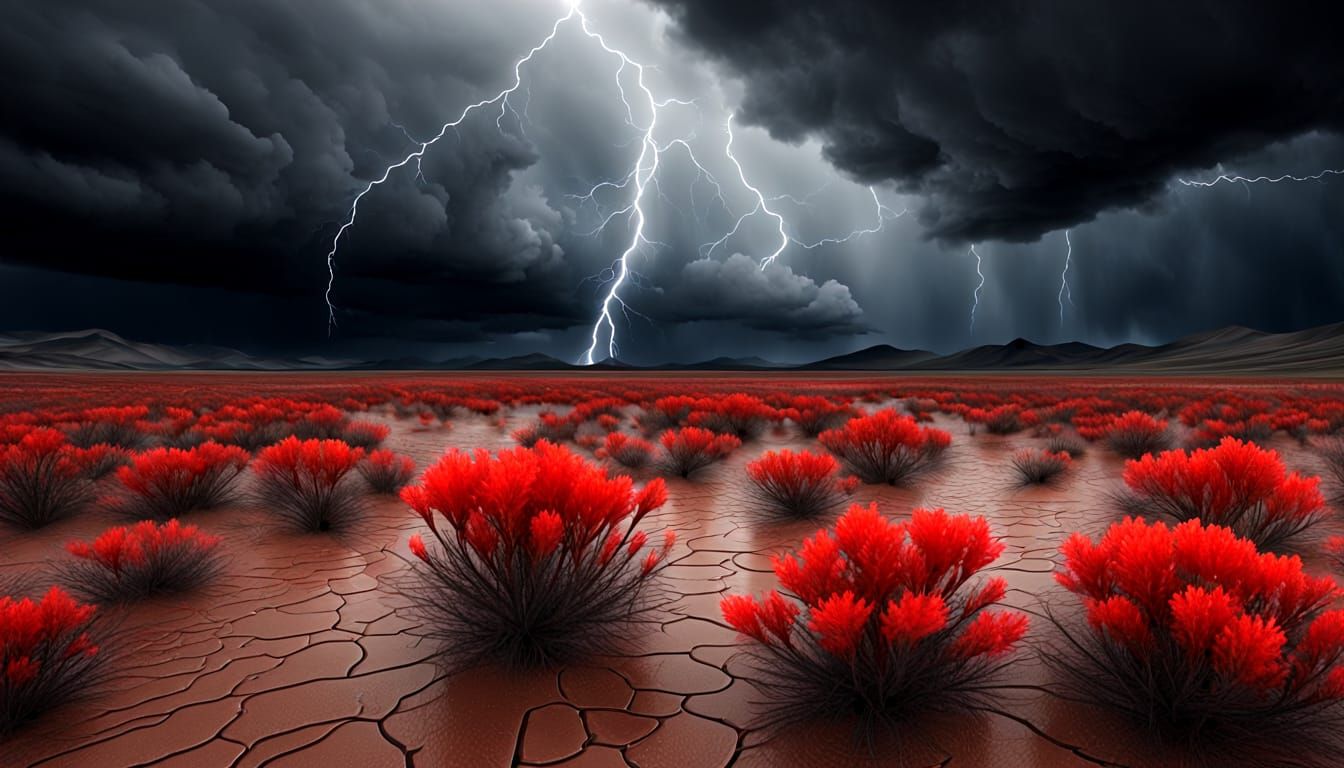 Red Indian Paintbrush growing in barren playa, in a violent thunderstorm. Lightning, rain, dark clouds.