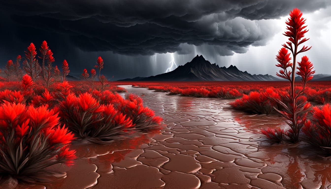 Red Indian Paintbrush growing  in barren playa, in a violent thunderstorm. Lightning, rain, dark clouds.