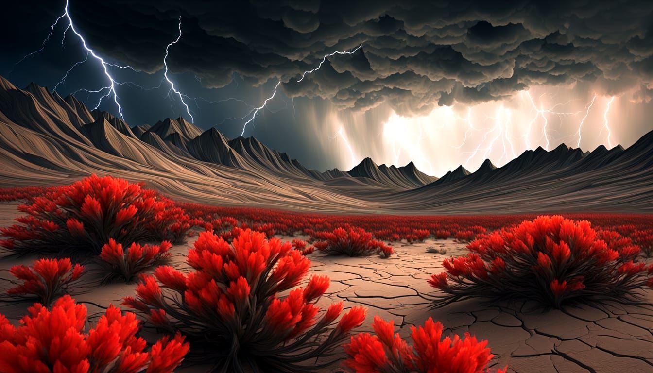 Red Indian Paintbrush growing  in barren playa, in a violent thunderstorm. Lightning, rain, dark clouds.