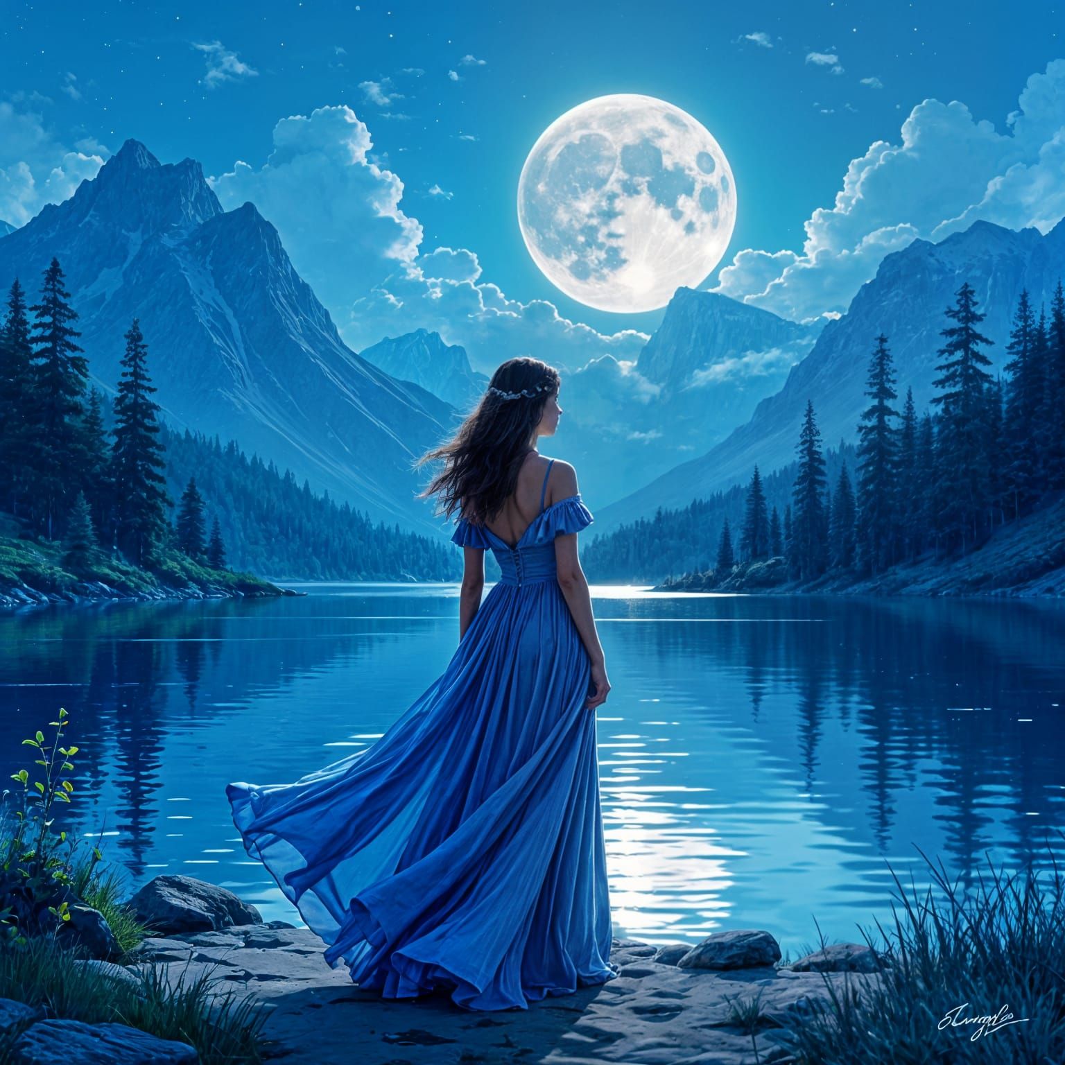 Moonlit Mountain Lake Landscape in Blues