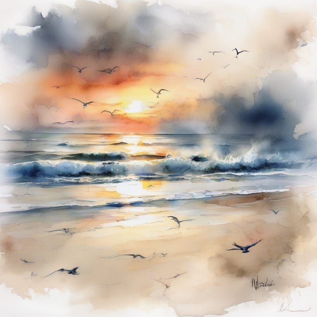 Minimalist Wave Drawing at Sunset in Watercolor Style