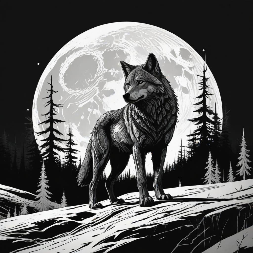 Surreal Silver Wolf in High Contrast Winter Scene
