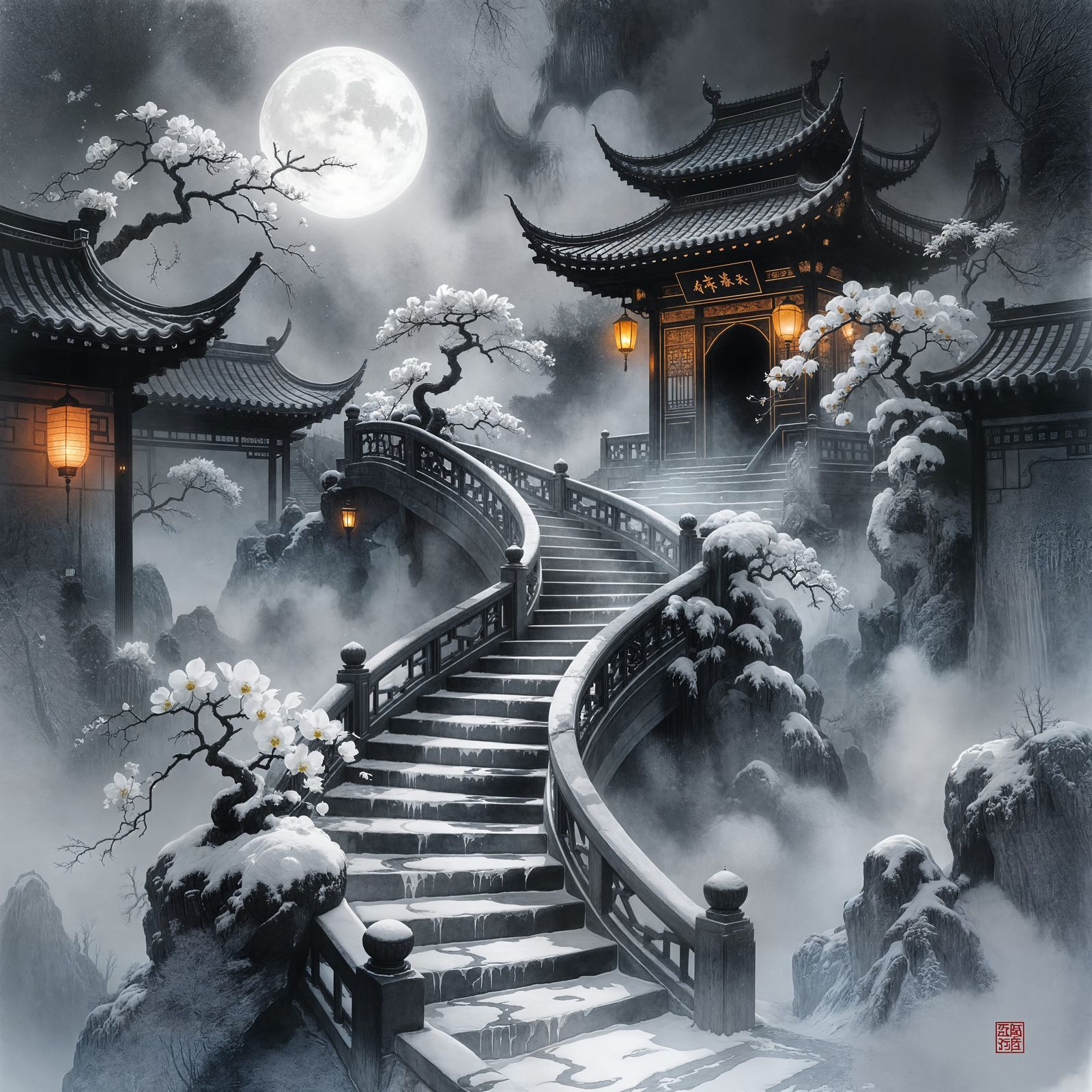 Four Seasonal Ink Realms on a Surreal Staircase