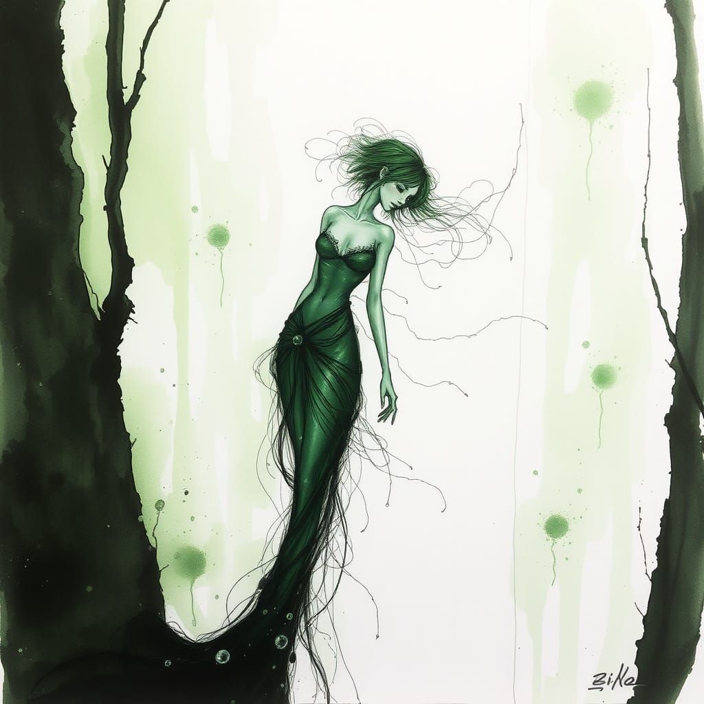 Graceful Dryad Ink Drawing in Green and White