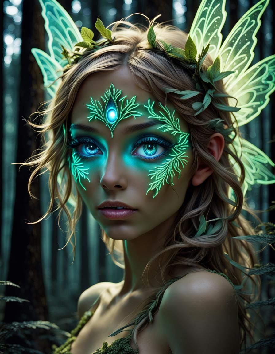 Luminescent Forest Fairy Eye in Neon Silhouette