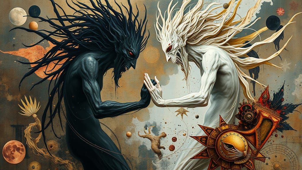 Cosmic Entities Clash in Abstract Oil Painting