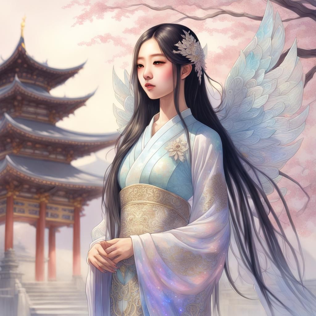 Woman with Wings in Klimt-Inspired Acrylic Art