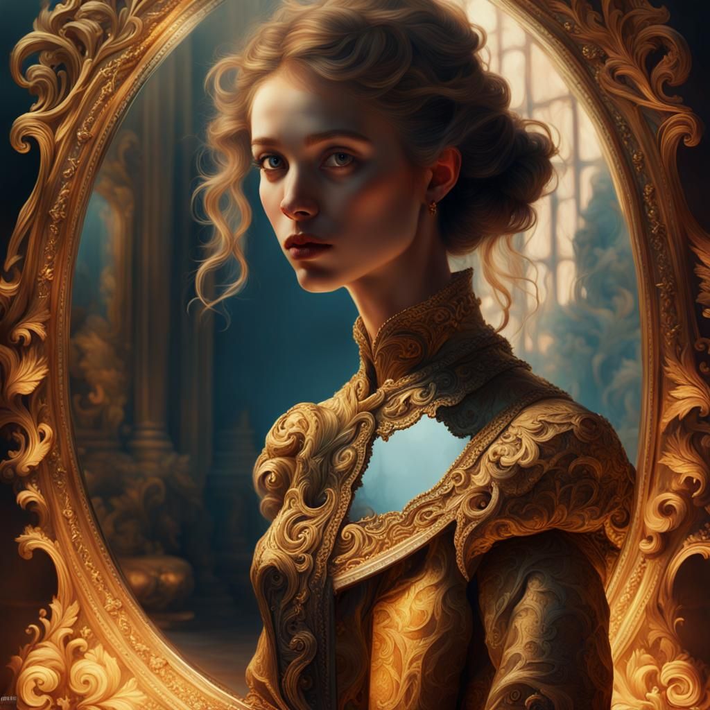 Woman Mirroring a Figure in Dreamlike Painting