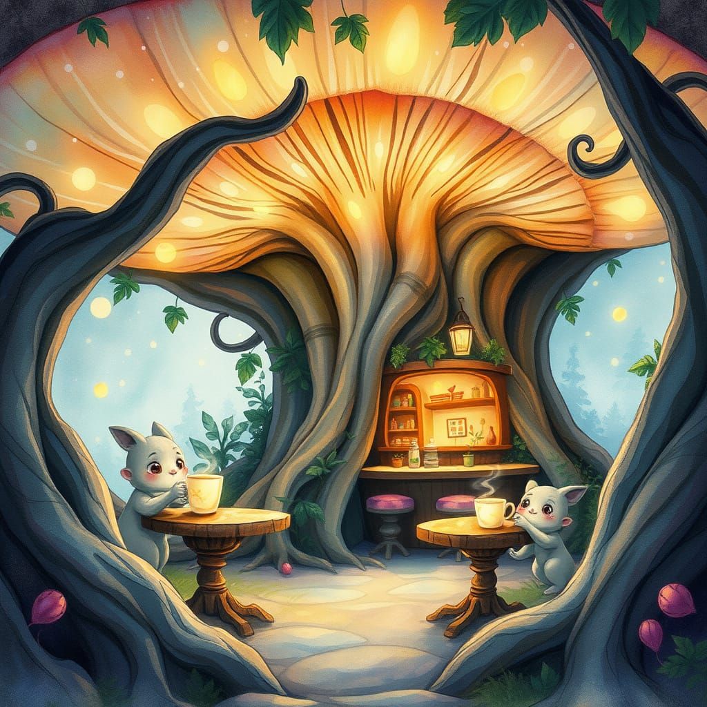 Enchanted Mushroom Cafe Watercolor Illustration