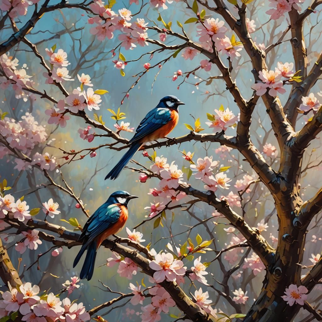 Blossom Tree Bird in Oil Painting Style