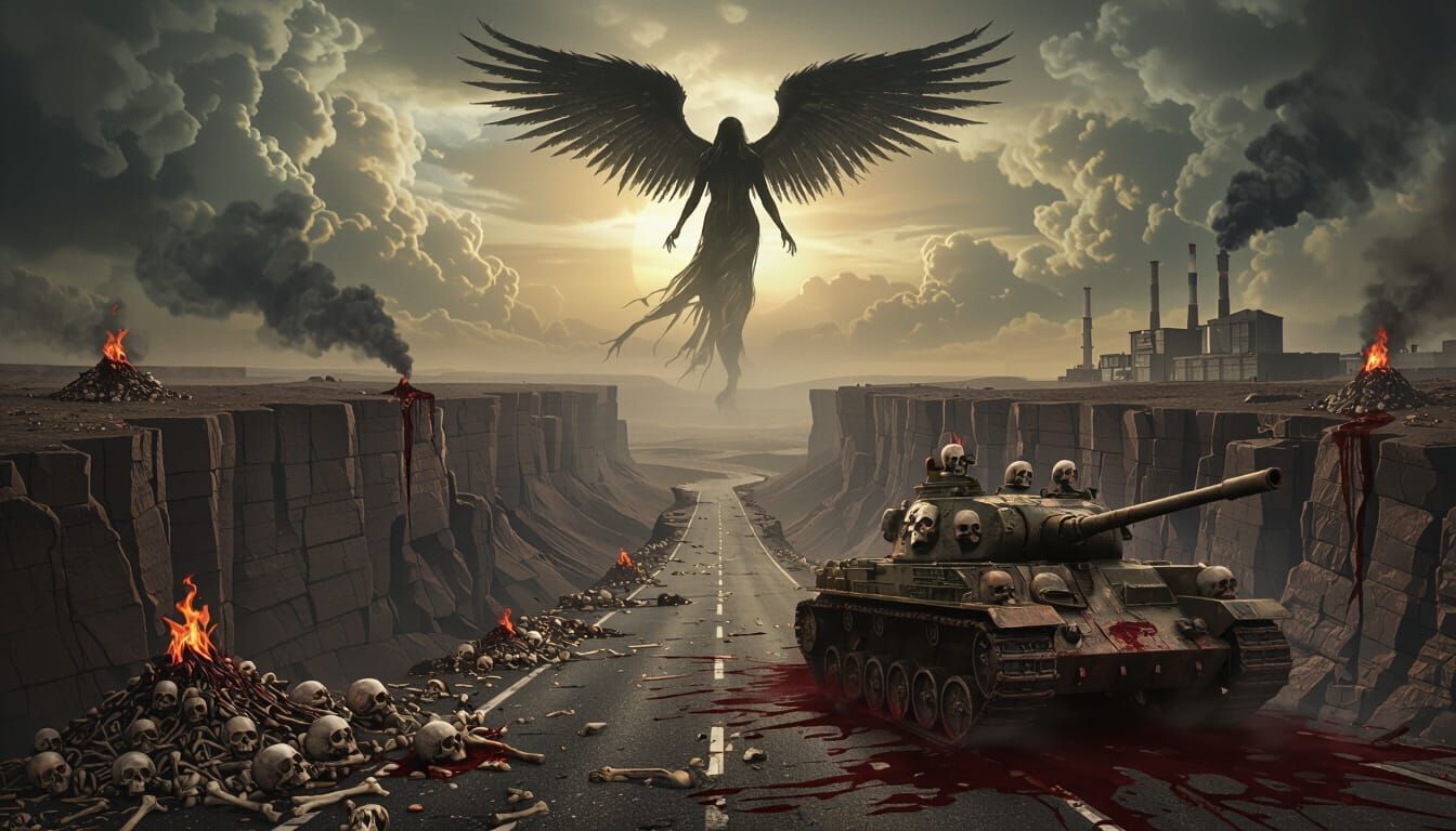 Ominous Dark Angel Over Toxic Canyon Landscape