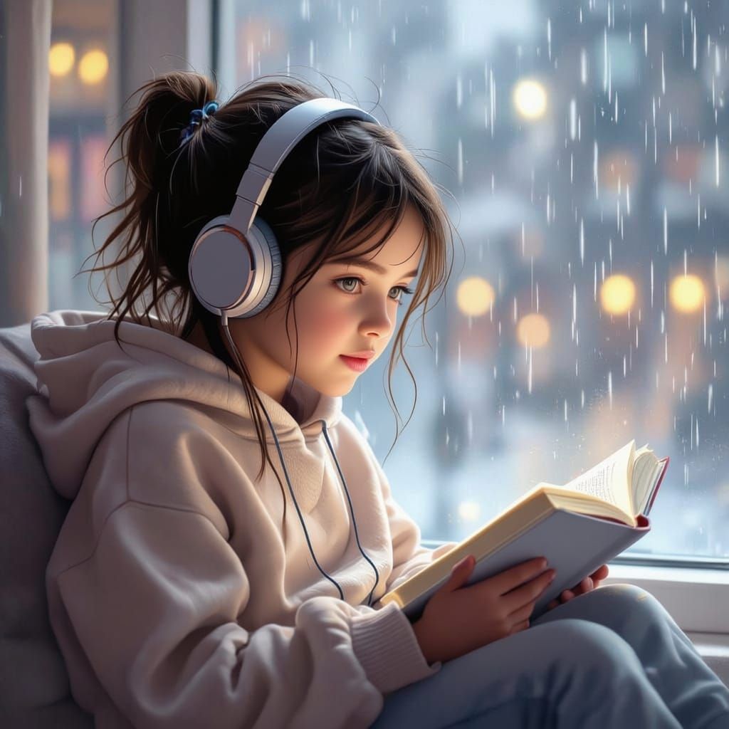 Girl Reading by Rainy Library Window in Digital Matte Style