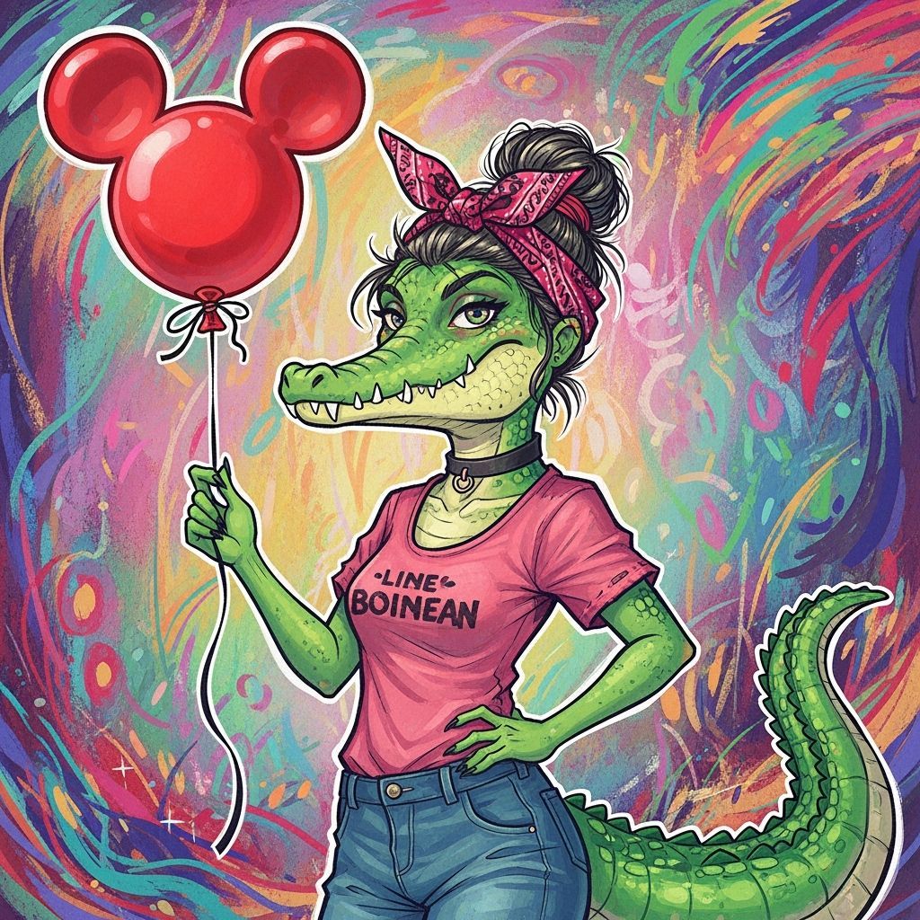 Alligator-Human Hybrid with Mickey Balloon in Whimsical Styl...