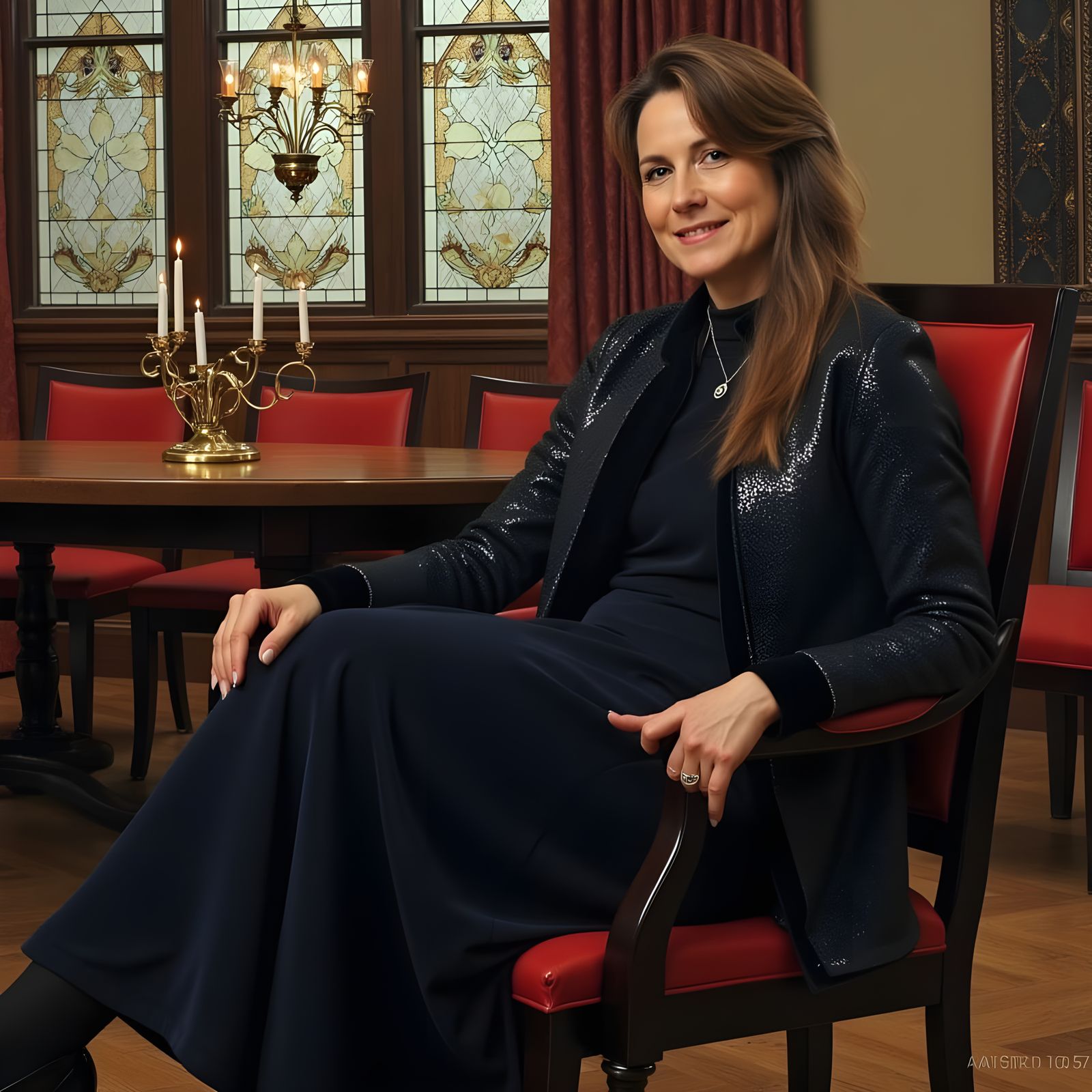 Elegant Woman in Dark Blue Dress: 1930s Cartoon Style