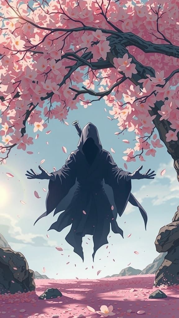 Anime Shadow Assassin Contemplates Under Peach Tree in Seren...