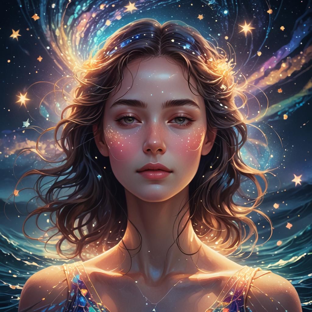 Serene Woman Portrait with Starlight and Ocean Waves