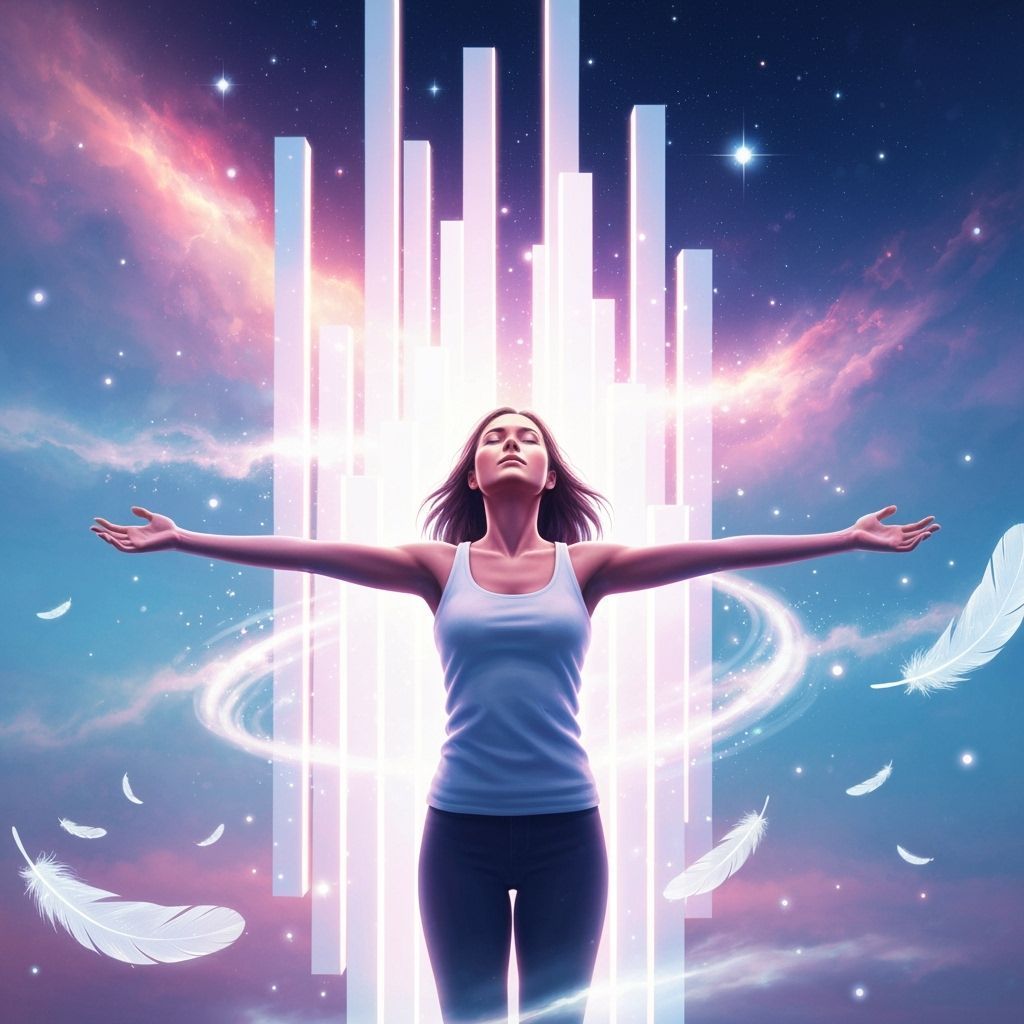 Liberation: Woman Embracing Cosmic Freedom as Light Dissolve...