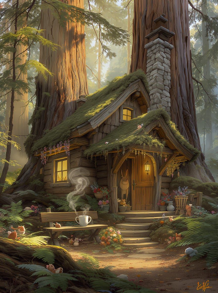 Whimsical Tiny Home Among Giant Redwoods with Forest Friends