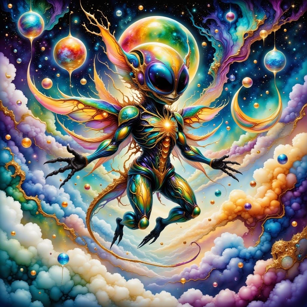 Alien Soaring Through Whimsical Fantasy World