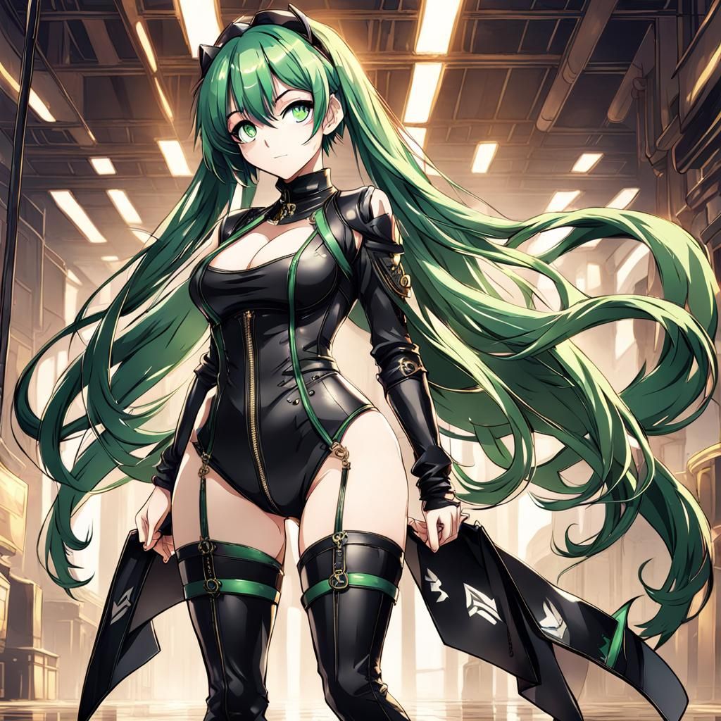 Anime Woman with Green Hair in Bodysuit