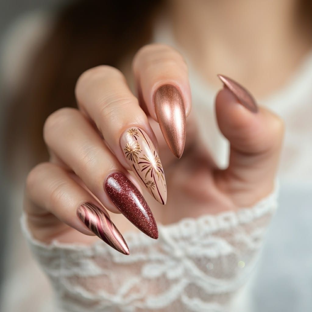 Glamorous Nail Art with New Year's Eve Fireworks Designs