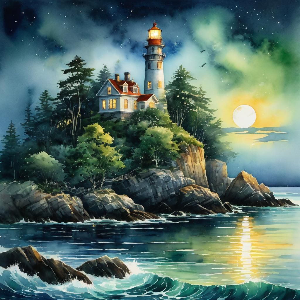 Lighthouse on Rocky Island in Watercolor Night Scene